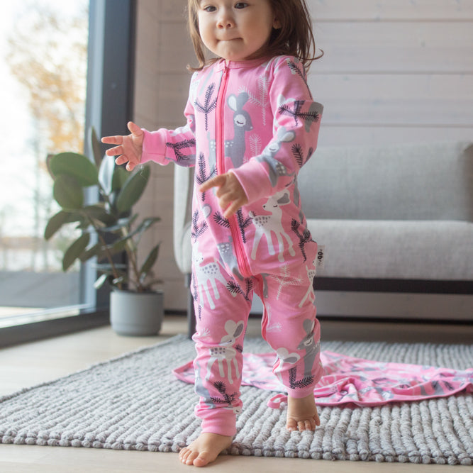 Zip romper- gray/light pink deer: Size 0-3M