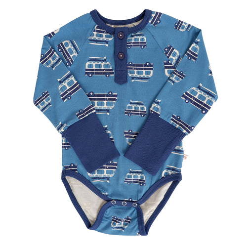 Organic Blend Long Sleeve Henley Bodysuit - Surfer Van: Size 6-9M