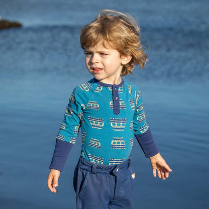 Organic Blend Long Sleeve Henley Bodysuit - Surfer Van: Size 6-9M