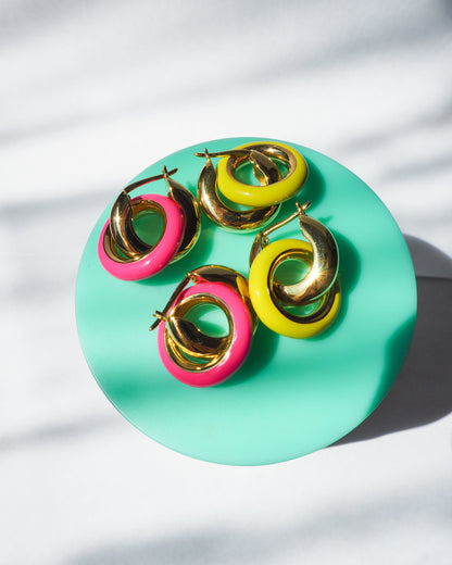 Pave Interlock Hoops- Hot Pink- Gold