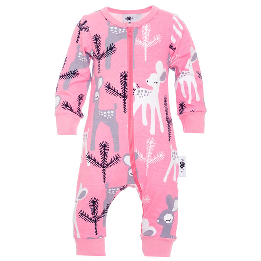 Zip romper- gray/light pink deer: Size 0-3M