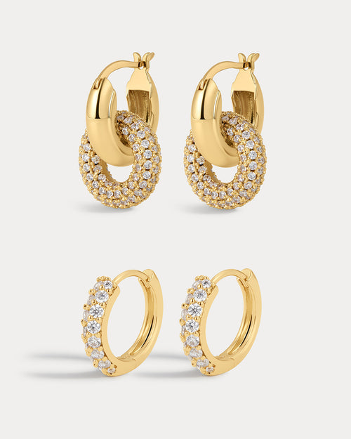 Baby Pave Huggies & Pave Interlock Hoops - Gold