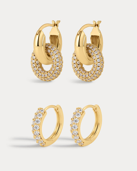 Baby Pave Huggies & Pave Interlock Hoops - Gold