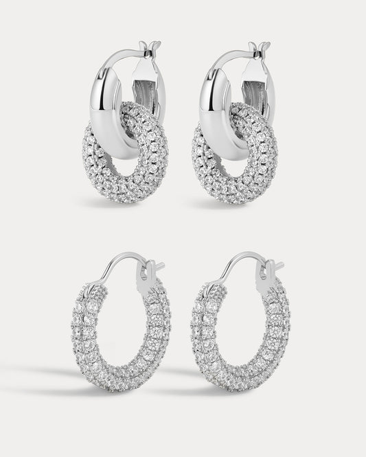 Pave Interlock Hoops and Pave Amalfi Huggies - Silver