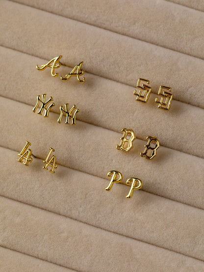Bijoux MLB Logo Studs & Layered Nameplate Necklace Bundle - Silver