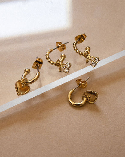 Cherry + Heart Studded Huggies- Gold